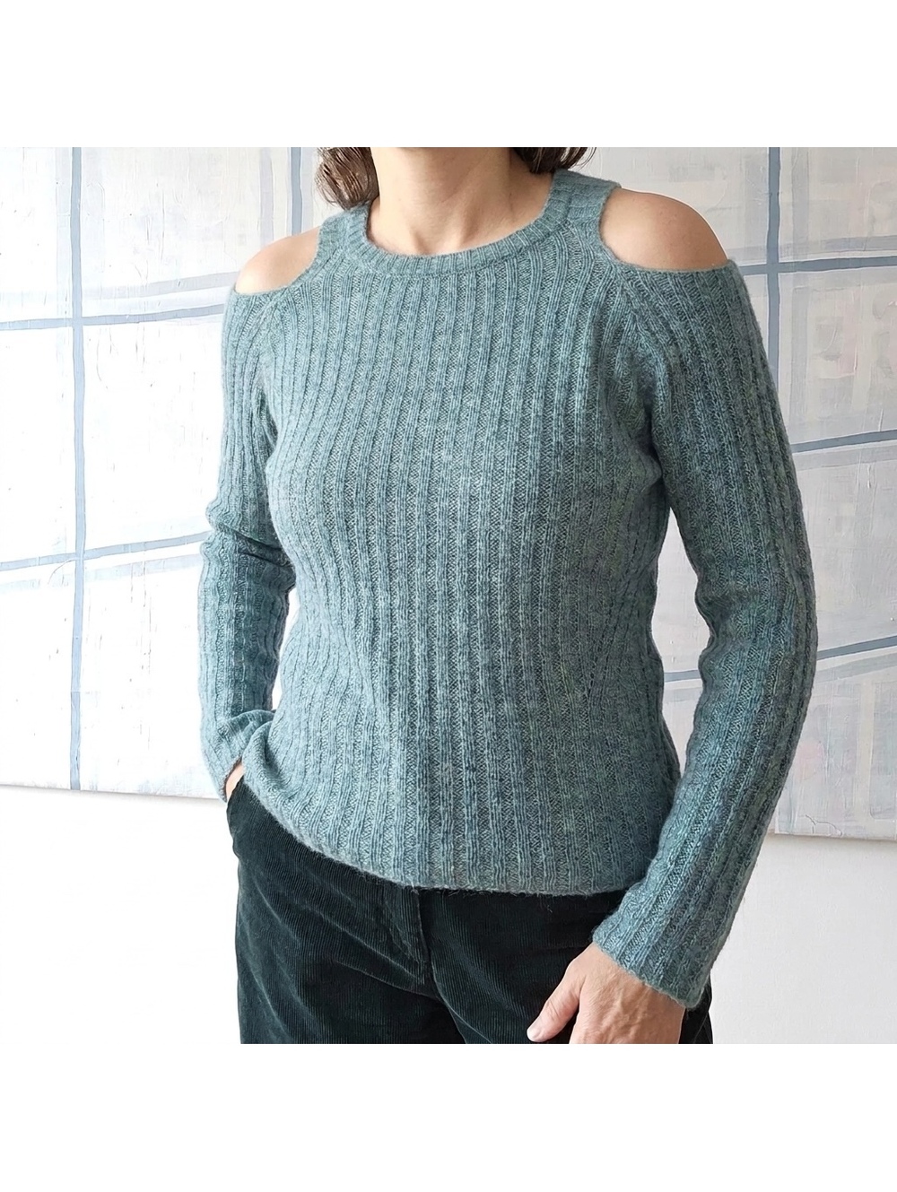 Monrow Mohair Cold Shoulder Sweater Medium Blue-Green Ribbed Knit Lightweight